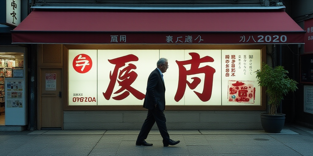 a man in a suit walks past a sign that reads g720 kansana, japan,, Eric Deschamps, award - winning p