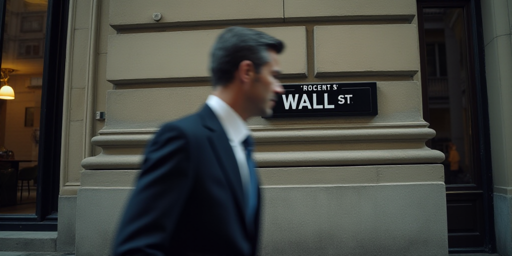 a man in a suit walks past a wall street sign on a building in new york city, new york, Andries Stoc
