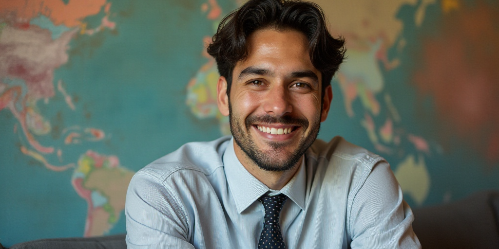 a man in a tie is smiling for the camera with a caption in spanish above him that reads, enrique cam