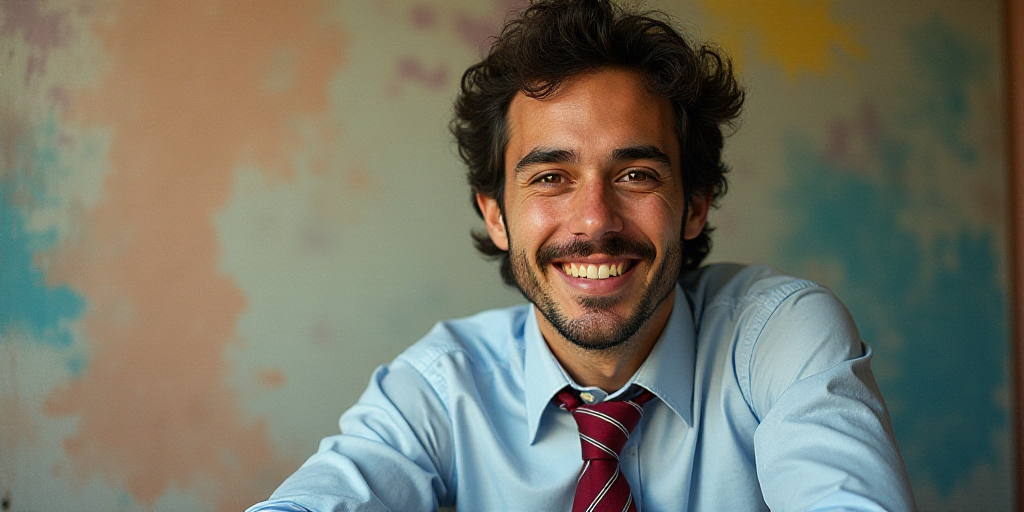 a man in a tie is smiling for the camera with a caption in spanish above him that reads, enrique cam