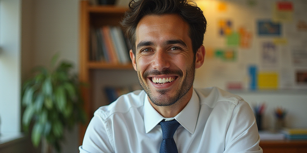 a man in a tie is smiling for the camera with a caption in spanish above him that reads, enrique cam