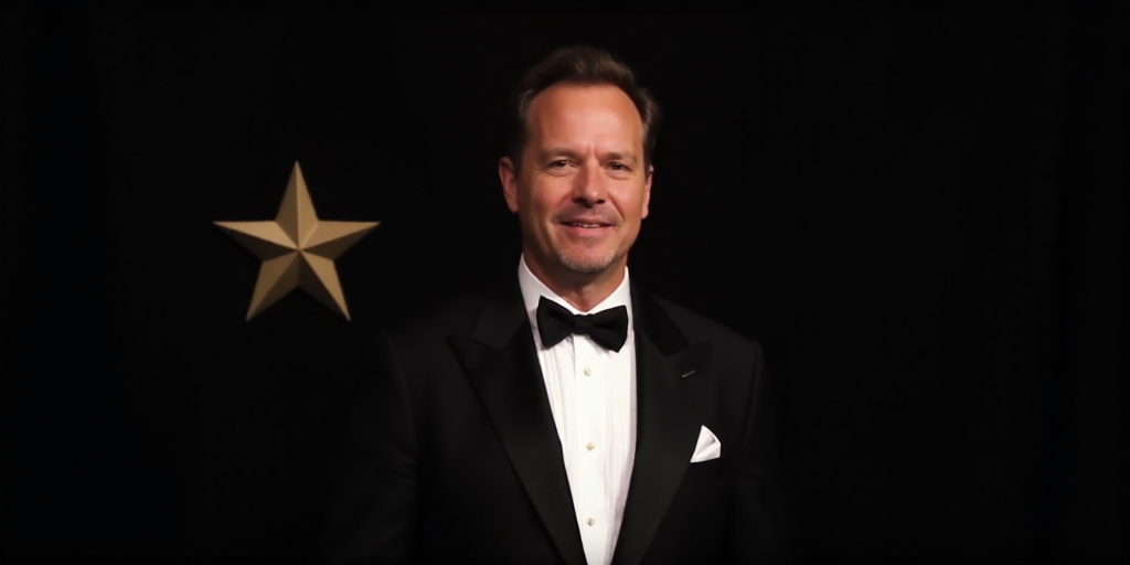 a man in a tuxedo and bow tie standing in front of a black backdrop with a star, David Brewster, awa