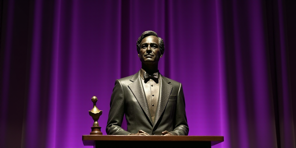 a man in a tuxedo standing at a podium with an award in front of him and a purple curtain behind him