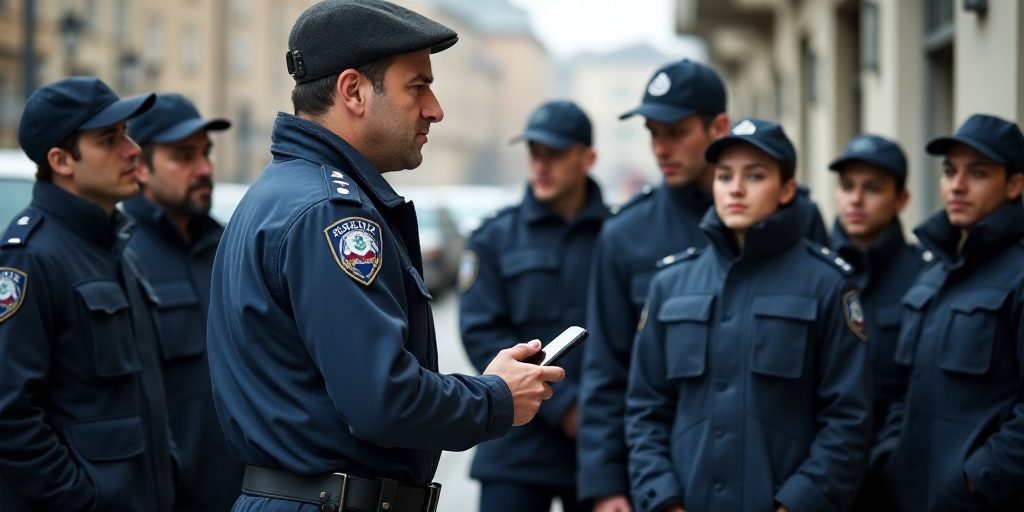 a man in a uniform is talking to a group of people in uniform and holding a camera and a cell phone,