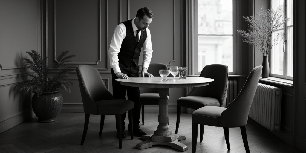 a man in a vest and tie is setting a table with chairs and a plant in the corner of the room, Delaun