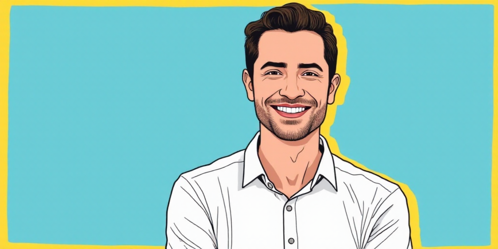 a man in a white shirt is smiling for a picture with a blue background and a yellow border around hi