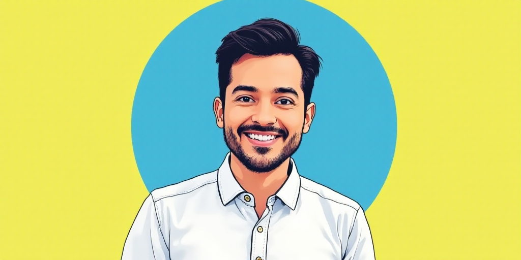 a man in a white shirt is smiling for a picture with a blue background and a yellow border around hi