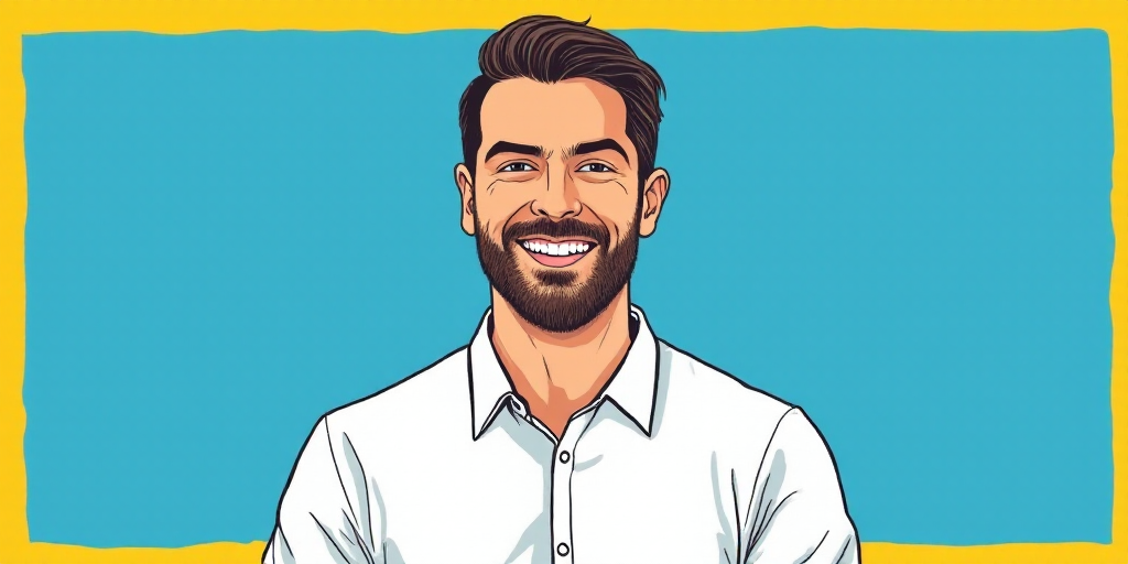 a man in a white shirt is smiling for a picture with a blue background and a yellow border around hi