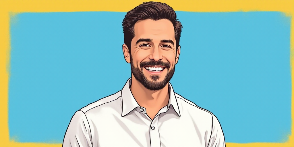 a man in a white shirt is smiling for a picture with a blue background and a yellow border around hi