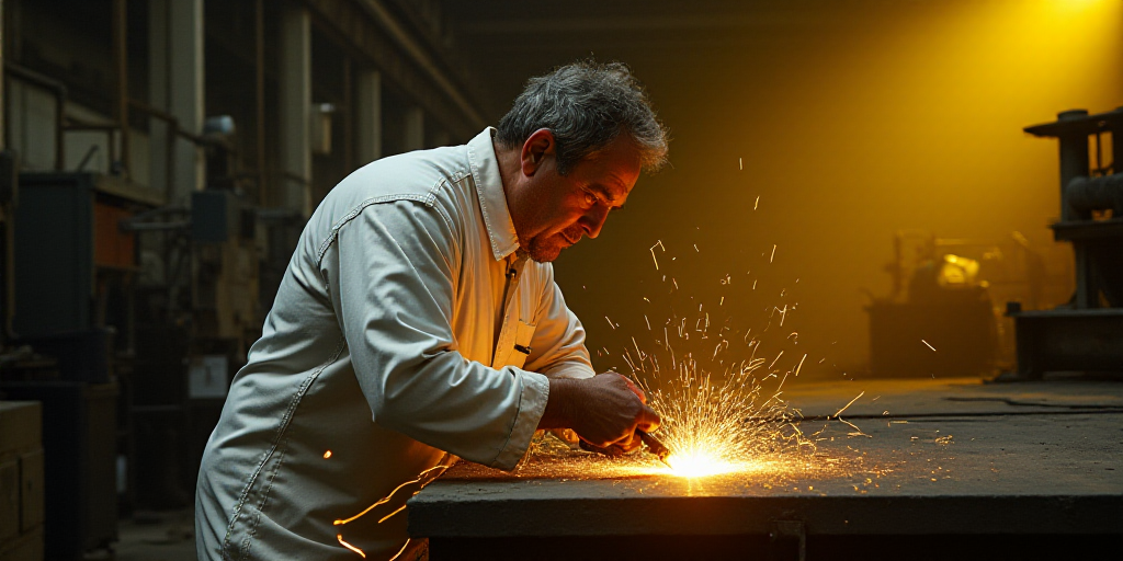 a man in a white suit is working on a piece of metal in a factory with a yellow light, David Alfaro
