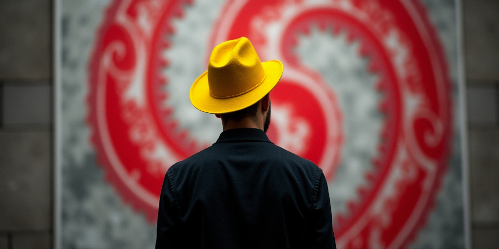 a man in a yellow hat and black shirt standing in front of a wall with a red and white logo, Adam Sz