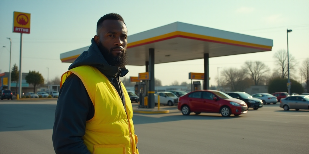 a man in a yellow vest is standing near a gas station with cars parked in front of it and a gas stat