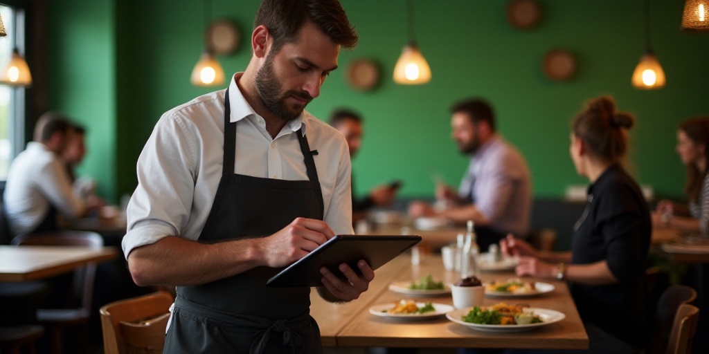 a man in an apron is using a tablet computer in a restaurant with other people in the background and