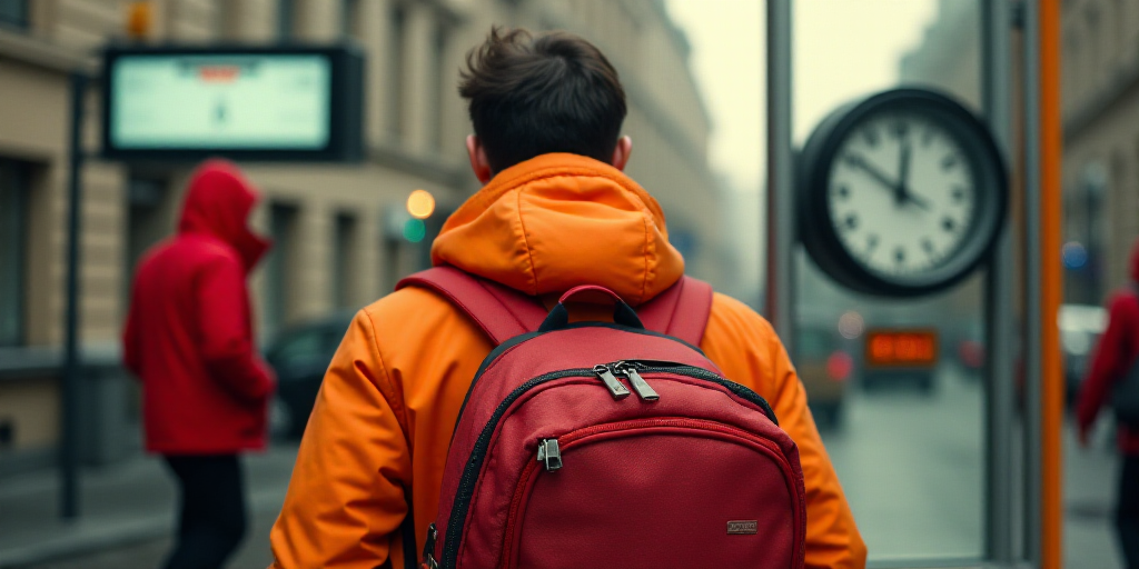 a man in an orange jacket and a red jacket with a red backpack and a red suitcase and a black and wh