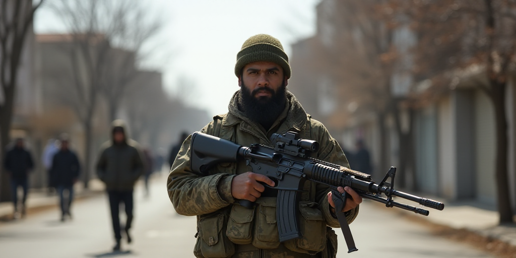 a man in camouflage holding a gun and a rifle on a street with other people walking on the side of t