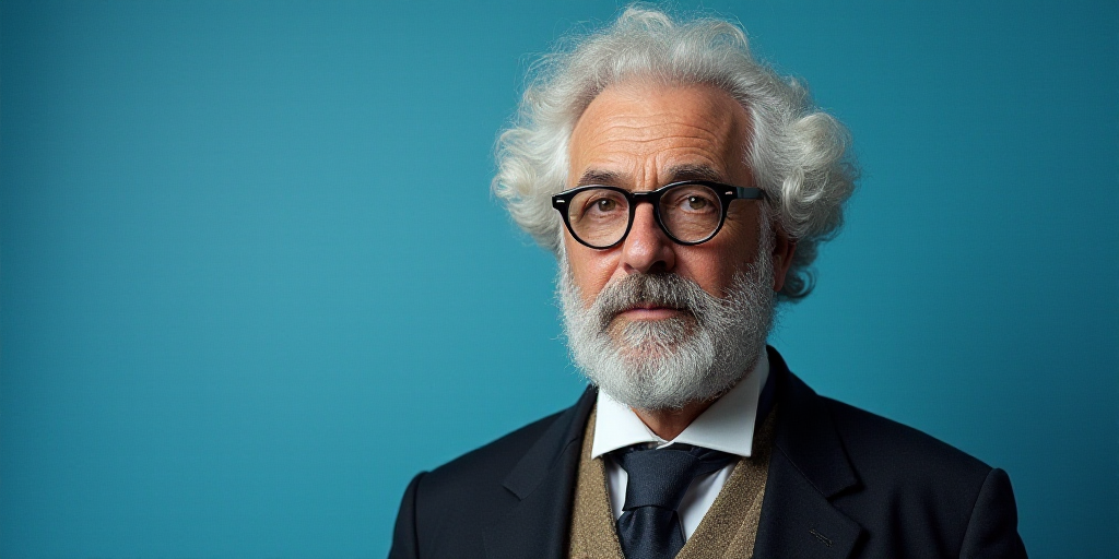 a man in glasses is standing in front of a blue background with a black and white photo of him, Edwa