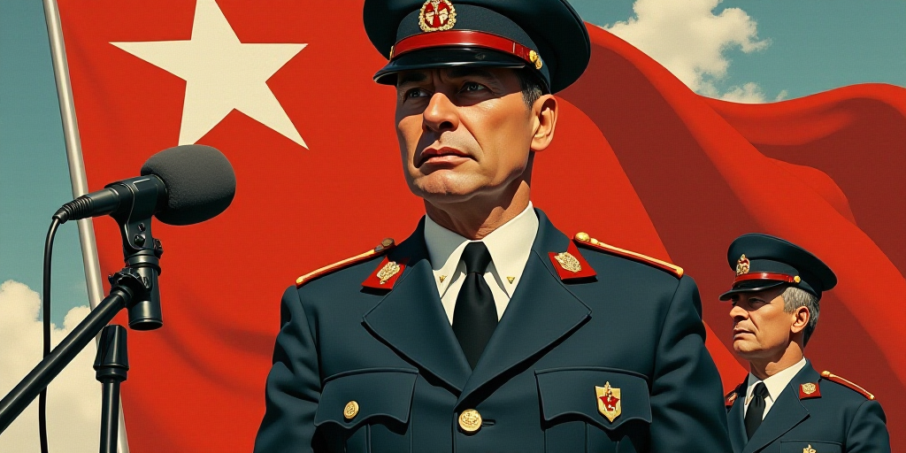 a man in uniform standing in front of a flag and a microphone with a man in a hat on his head, Ada G
