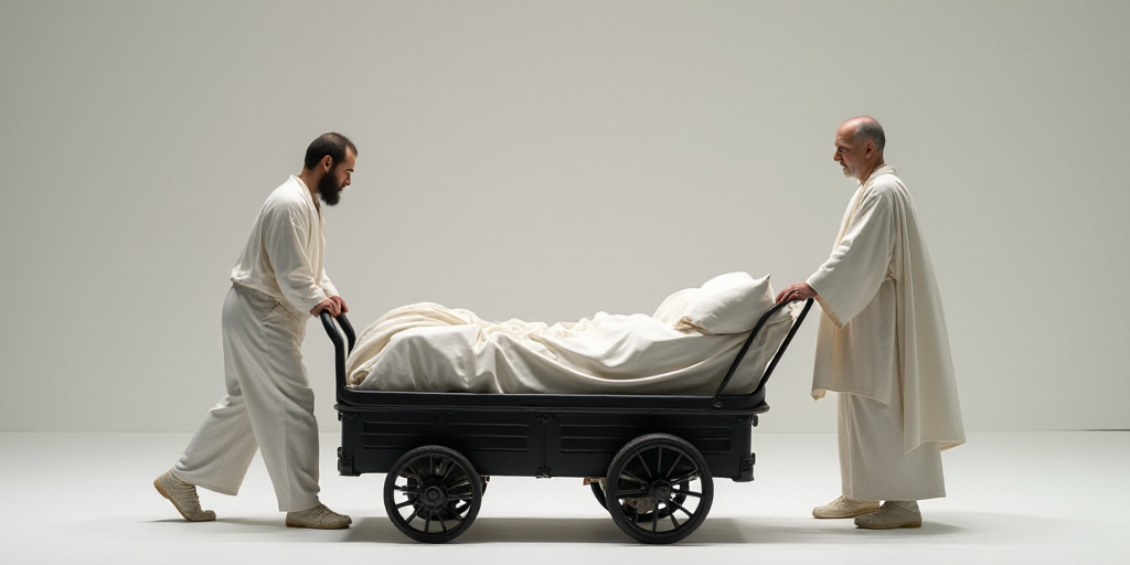 a man in white pants and a white shirt is pushing a bed with a sheet on it and a black cart, Christo