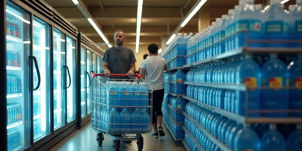 a man is carrying a cart of bottled water in a store aisle with a cooler behind him and a large stac