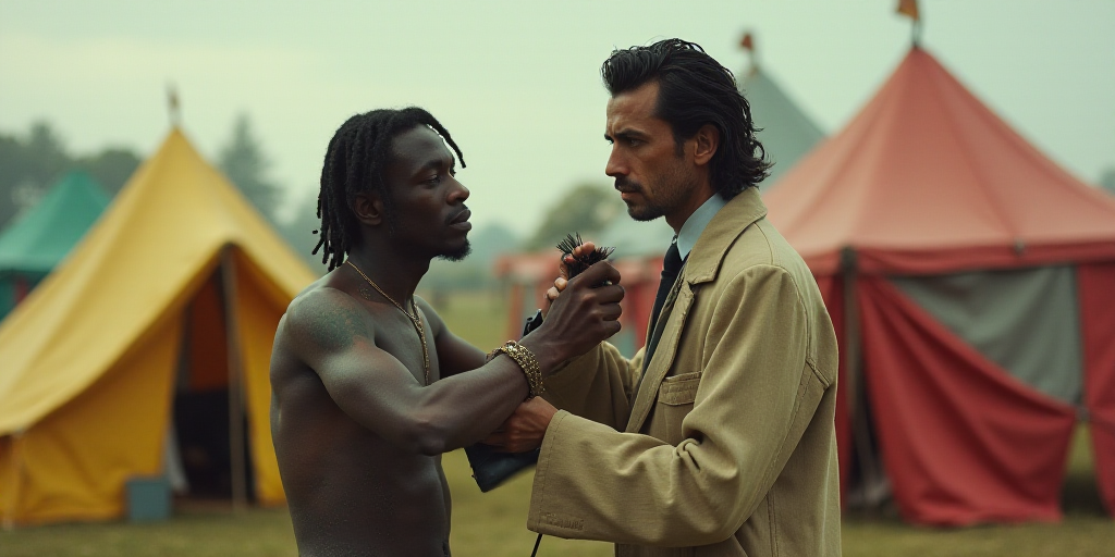 a man is cutting another man's hair in a tent area with other tents in the background and a woman st