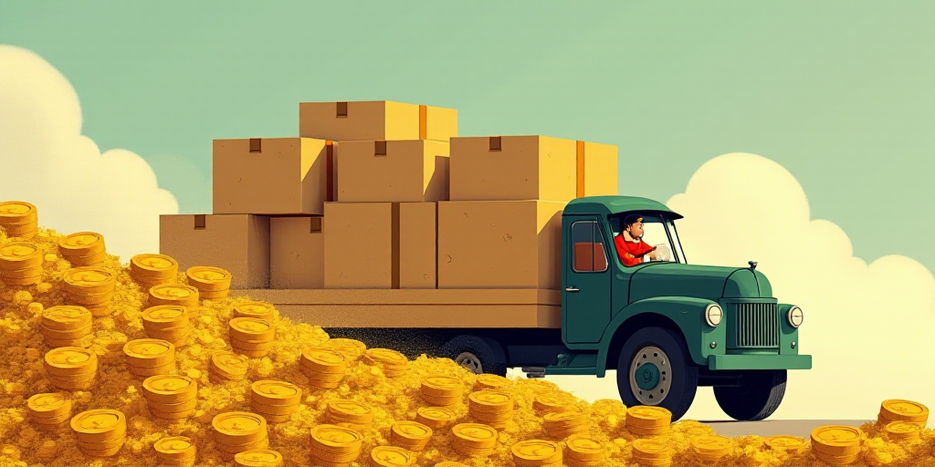a man is driving a truck with boxes on it and a pile of gold coins in front of him, Anton Fadeev, de