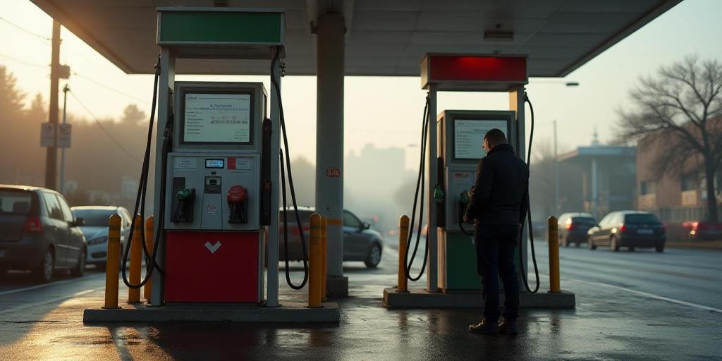 a man is filling up a gas pump at a gas station in a city area of a city,, Félix Arauz, oil, a stoc