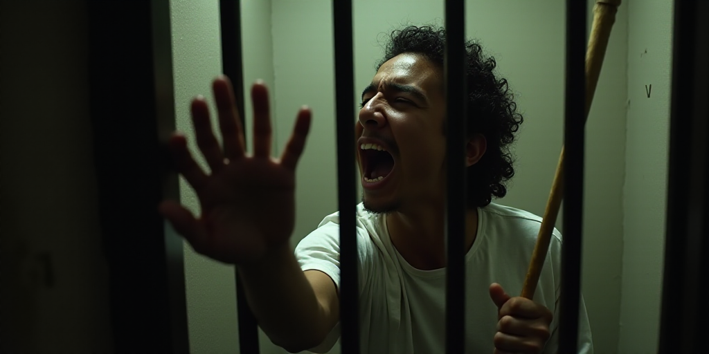 a man is holding a stick in a jail cell and screaming at someone behind bars of a fence with his han