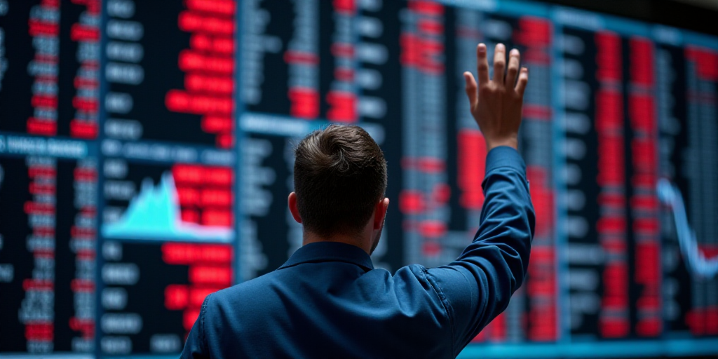 a man is holding his hand up in front of a wall of stock prices on the floor of the new york stock e