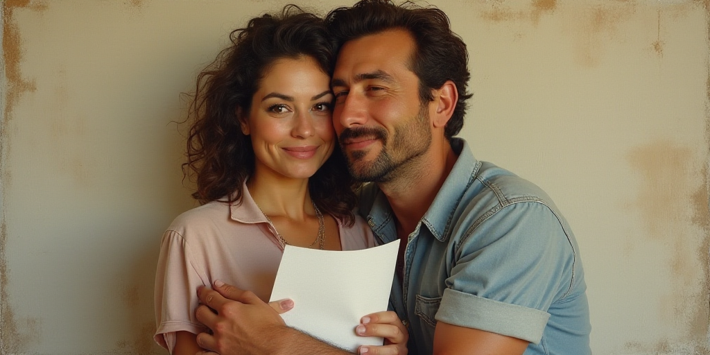 a man is hugging a woman while she is holding a piece of paper in her hand and smiling at the camera