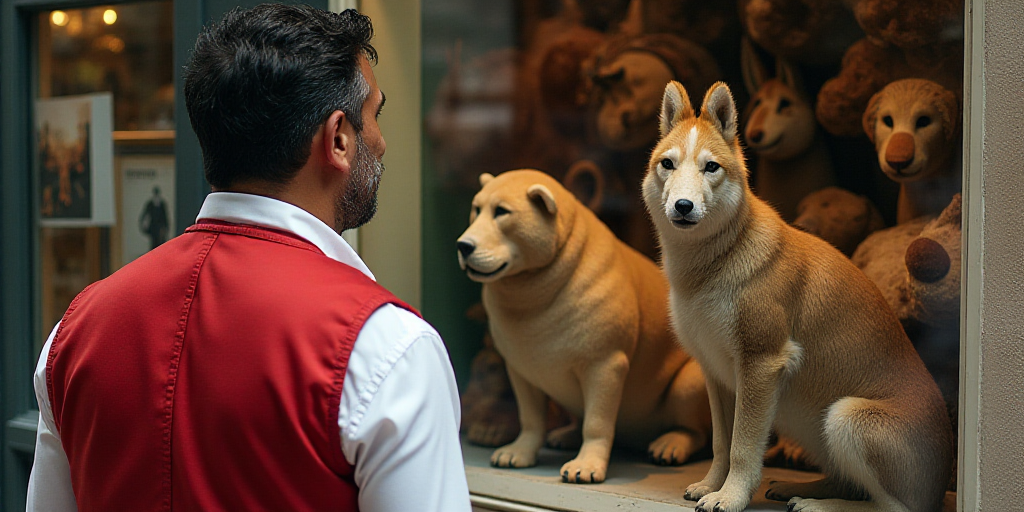 a man is looking at stuffed animals in a store window display case, with a red vest on and a red ves