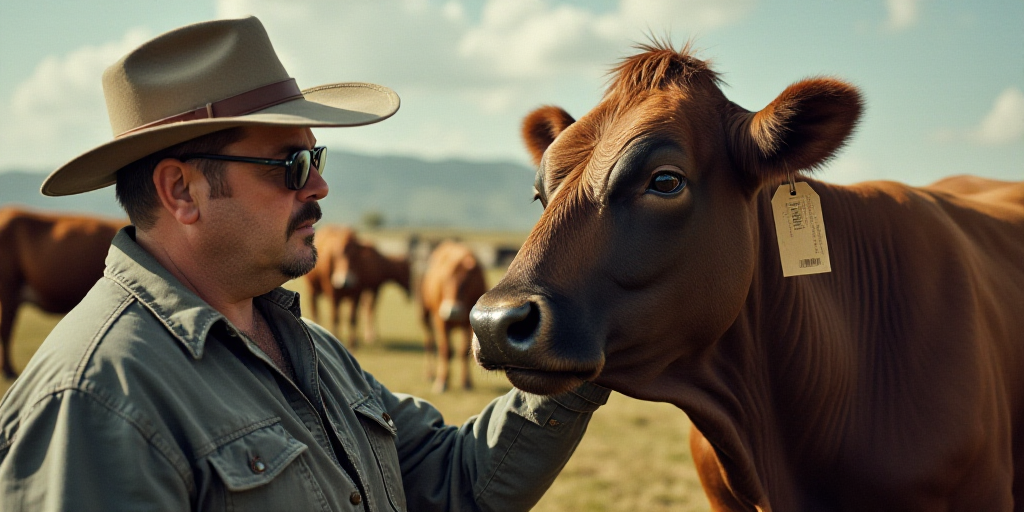 a man is petting a cow with a tag on it's ear and nose, while another man is holding a tag on his ea