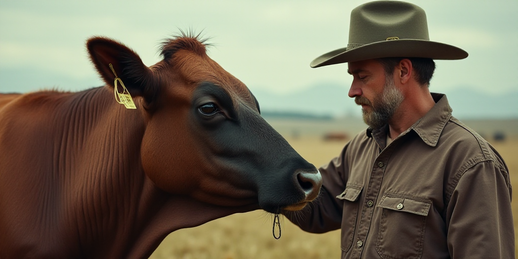 a man is petting a cow with a tag on it's ear and nose, while another man is holding a tag on his ea