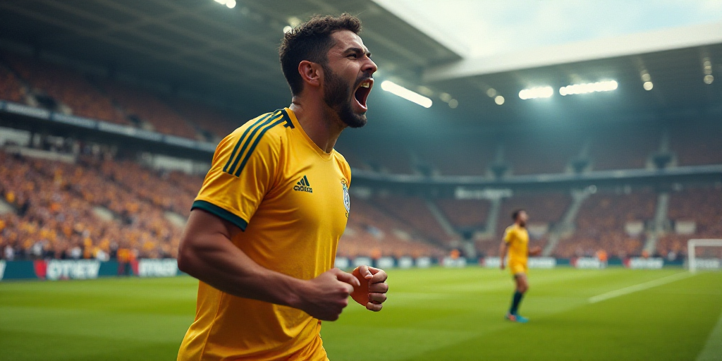 a man is screaming while playing soccer in front of a crowd of people in a stadium with his mouth op