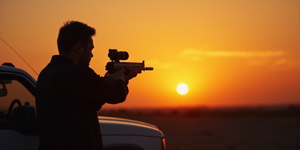 a man is shooting a red dot in the sky with a gun and a camera on a truck at sunset, Andries Stock,
