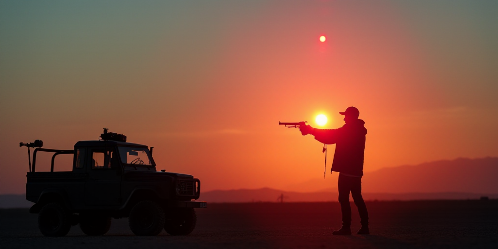 a man is shooting a red dot in the sky with a gun and a camera on a truck at sunset, Andries Stock,