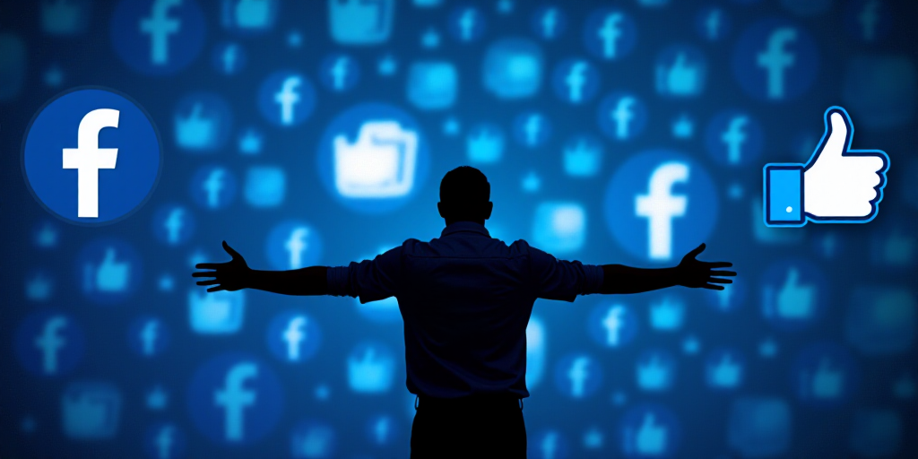 a man is silhouetted against a backdrop of logos of the company and facebook and a thumbs up sign, A