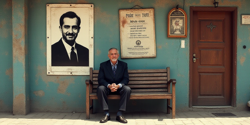 a man is sitting on a bench in front of a sign with a picture of a man on it, Farid Mansour, orienta