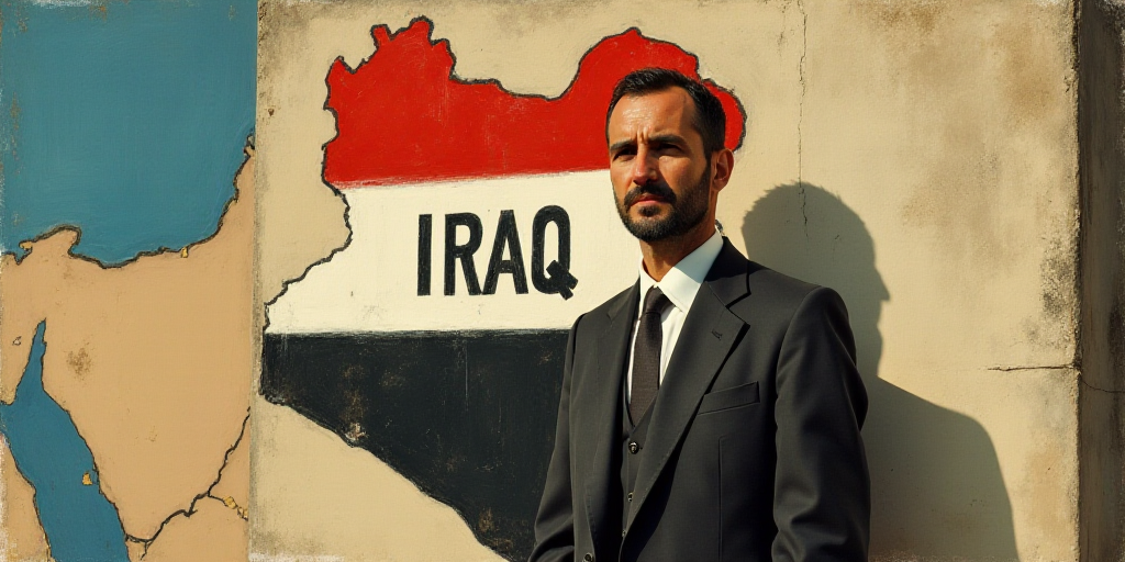 a man is standing in front of a sign with the name of the country of iraq on it and a map of the cou