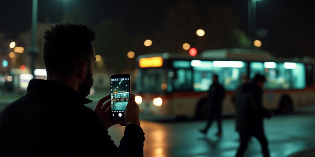 a man is taking a picture of a bus at night with his cell phone in his hand and people walking by, E