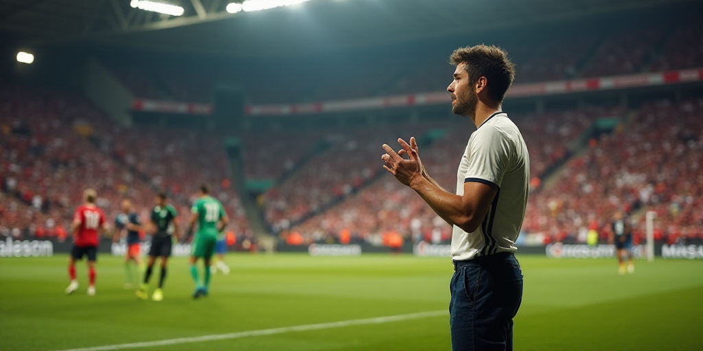 a man is talking to his team mates during a soccer game in front of a crowd of people in a stadium,