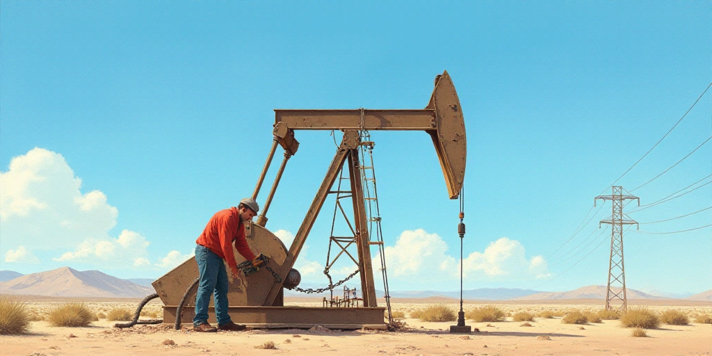 a man is working on a pump in the desert with a blue sky in the background and a few wires in the ba