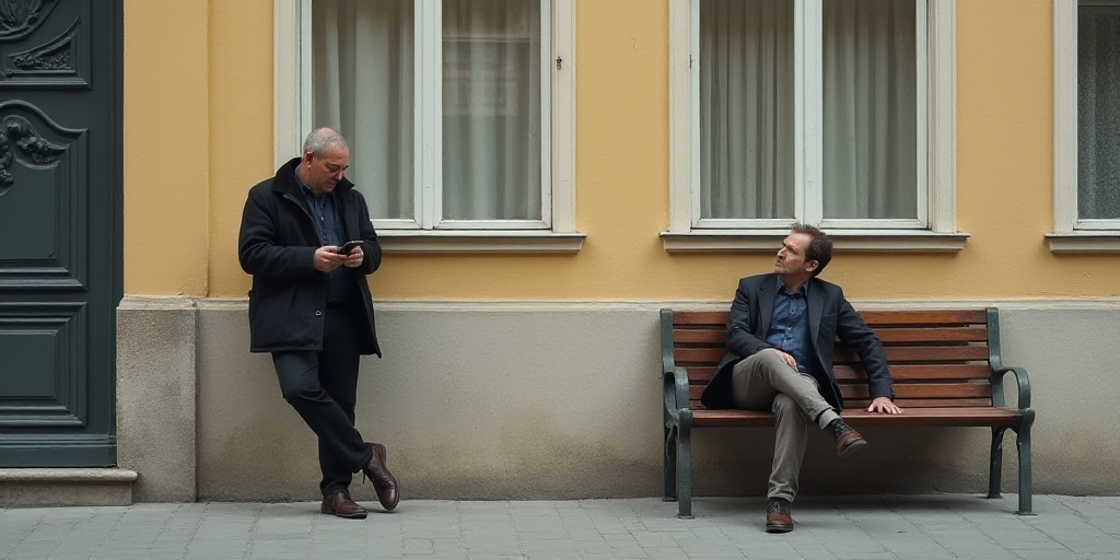 a man leaning against a wall while another man looks at his cell phone in the street while another m
