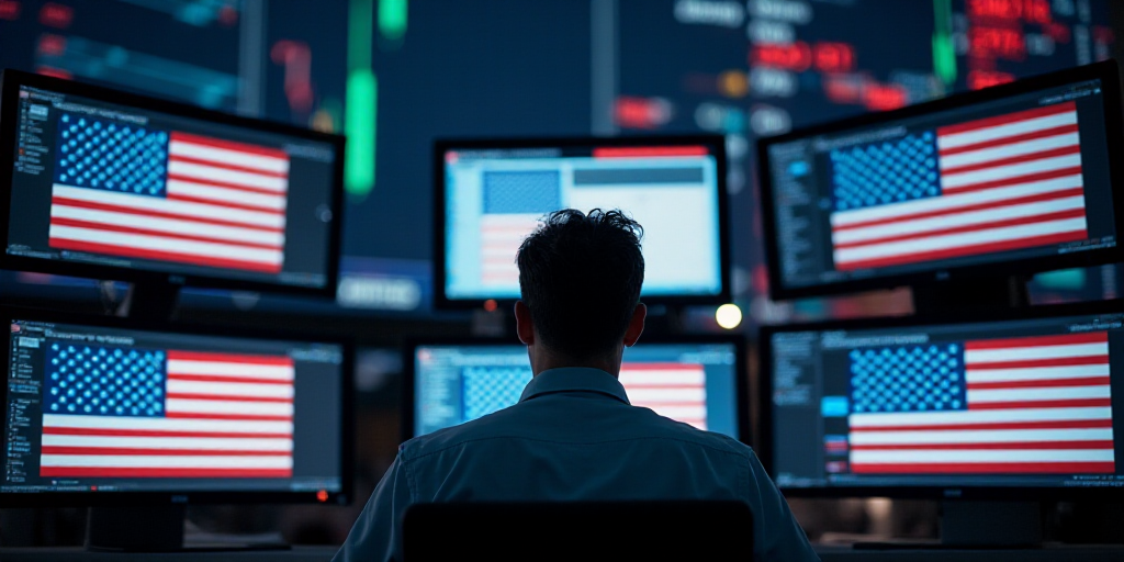 a man looking at multiple monitors with an american flag on them in a stock market with other monito