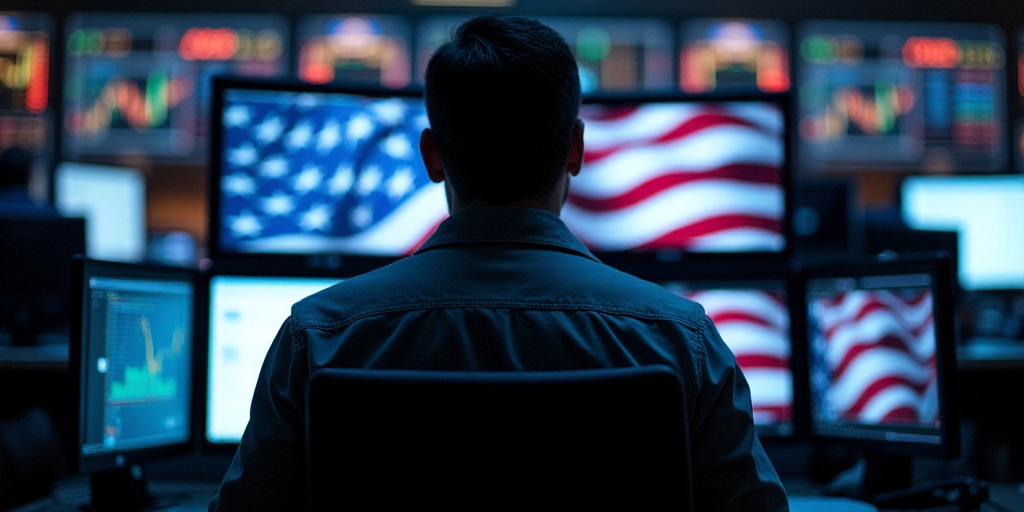 a man looking at multiple monitors with an american flag on them in a stock market with other monito