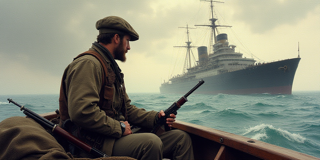 a man on a boat with a gun and a gun in hand, and a large ship in the background, Donald Sherwood, 1