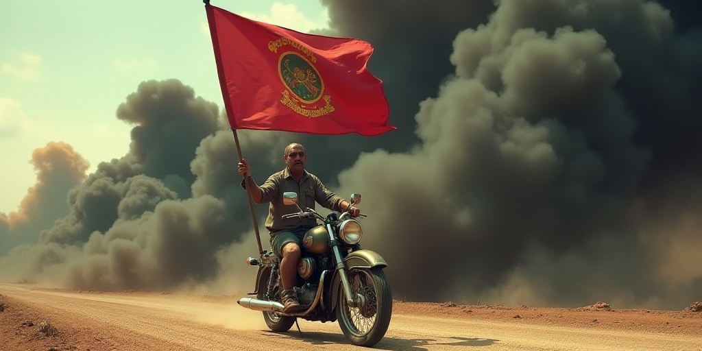 a man on a motorcycle holding a flag in front of a large plume of smoke and black smoke behind him,