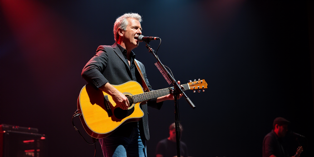 a man playing a guitar and singing into a microphone on stage at a concert or concert hall with a mi