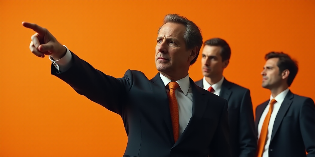 a man pointing a finger at something while another man looks on behind him and a man in a suit is po
