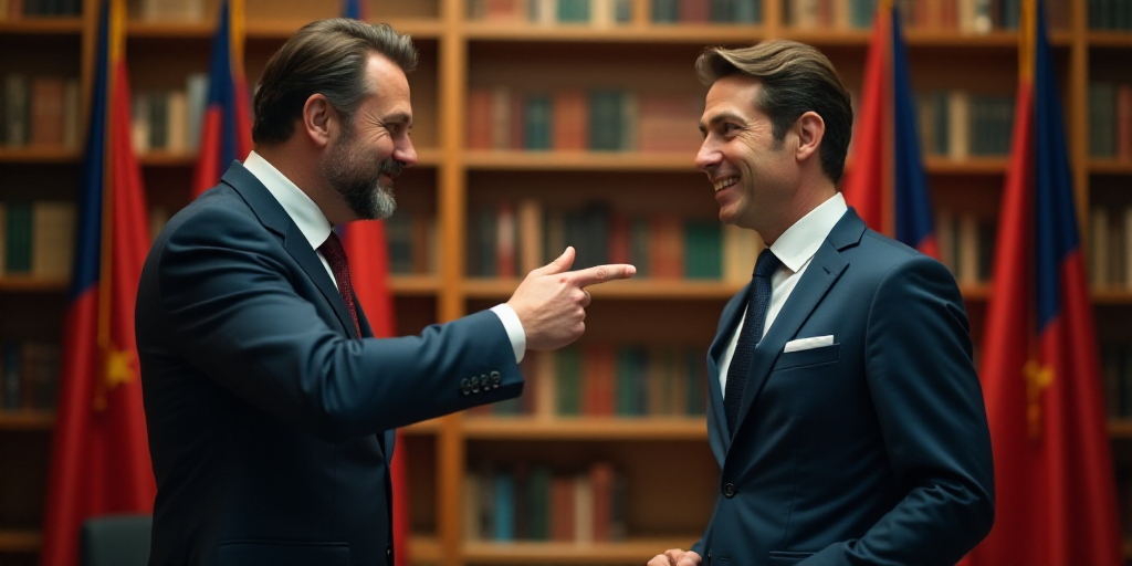 a man pointing at another man in a suit and tie in a room with bookshelves and flags, Beeple, ue 5,