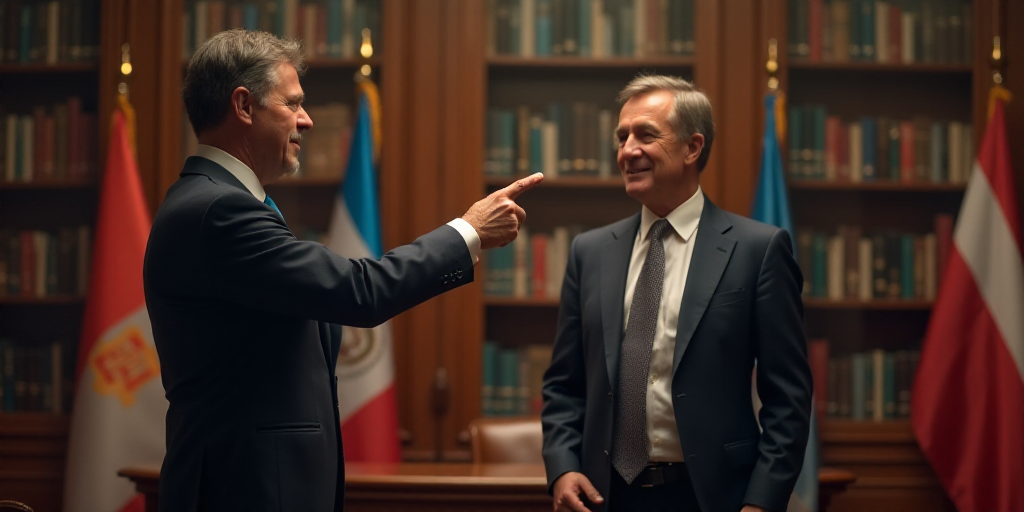 a man pointing at another man in a suit and tie in a room with bookshelves and flags, Beeple, ue 5,